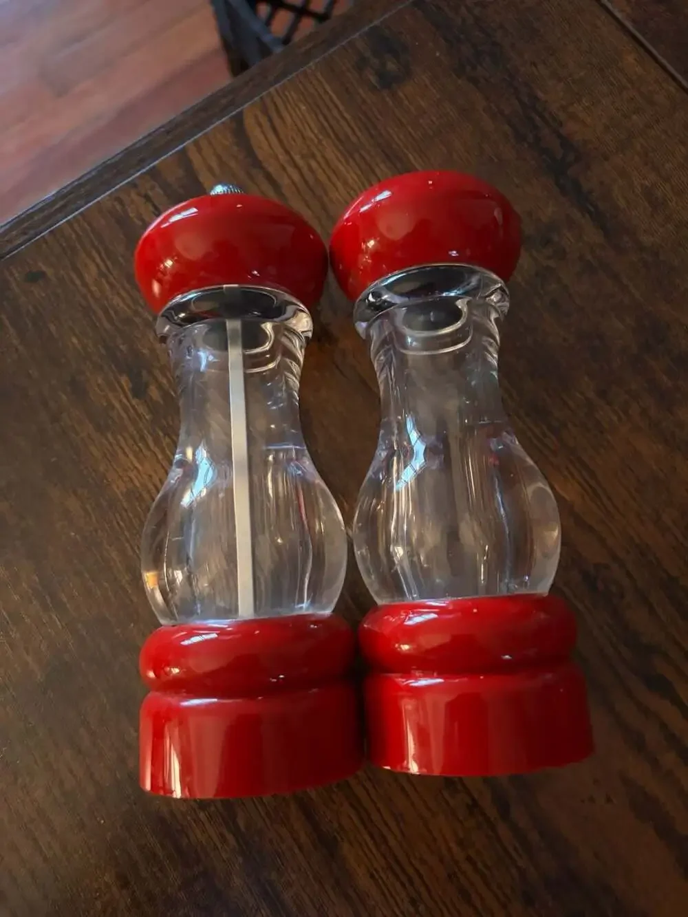 Vintage Olde Thompson Red and Clear Acrylic Salt and Pepper Grinder Set